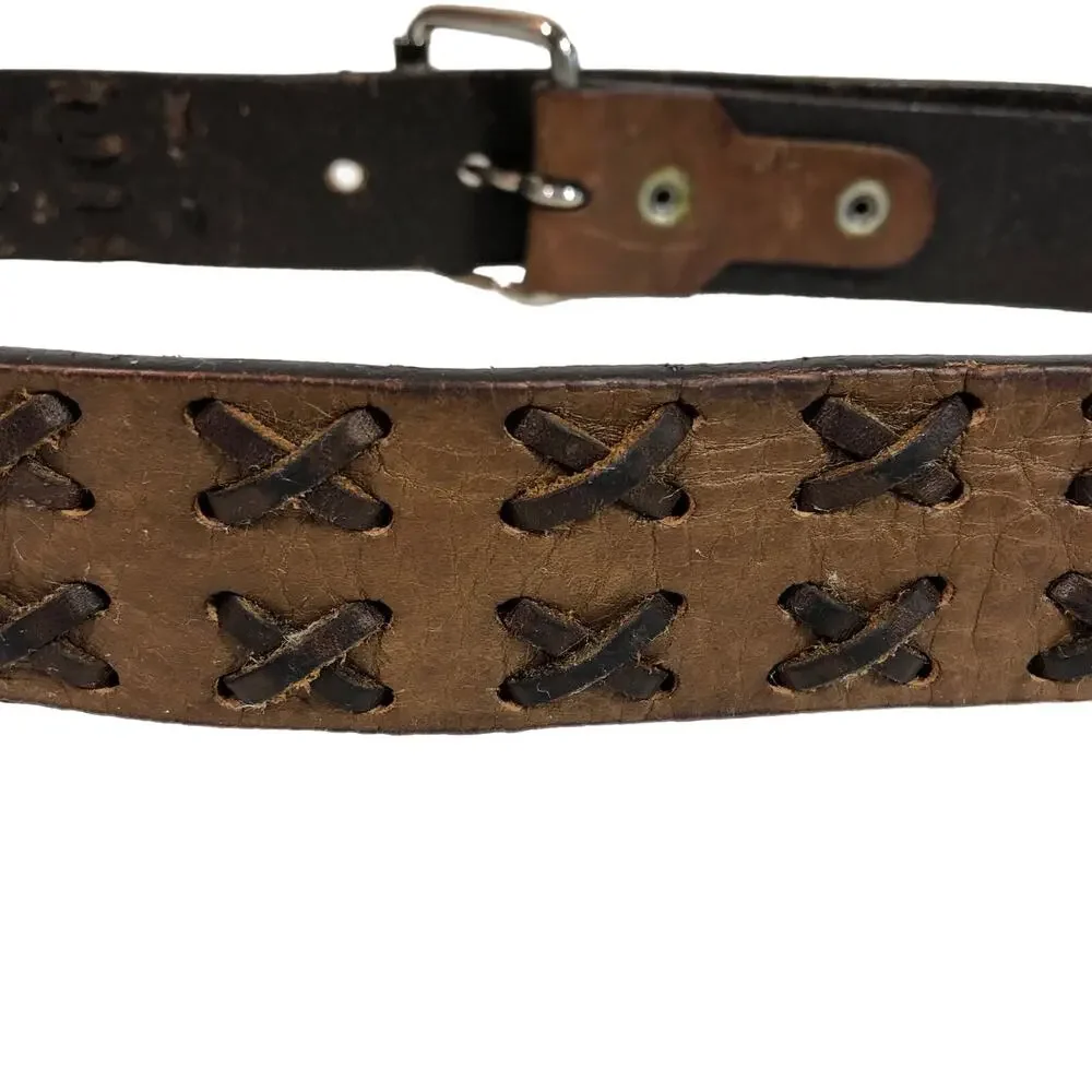 Brown Leather Belt, Criss Cross Weave Retro Silver Hardware Worn Look L XL Mocha